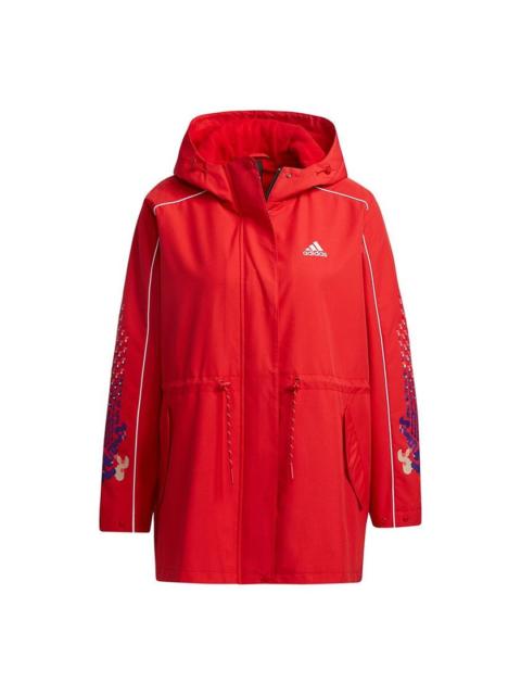 adidas (WMNS) adidas Cny Jkt Warm New Year Series Sports Printing Pattern Hooded Fleece Lined Jacket Red GP
