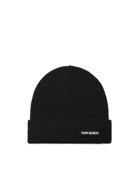 TORY BURCH ribbed logo-detail beanie hat