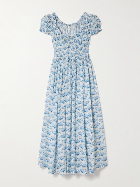 DÔEN Ashlynn Tie-detailed Shirred Floral-print Organic Cotton-voile Midi Dress