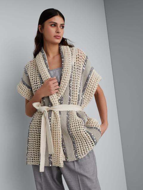 Brunello Cucinelli Dazzling stripe net knit cardigan in jute, linen, cotton and silk with belt