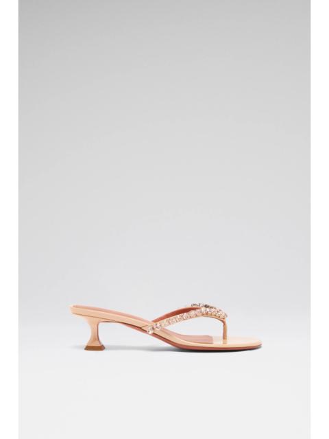 Amina Muaddi GIGI THONG SANDAL 45 PEARLY CHAMPAGNE PATENT AND GOLD QUARTZ CRYSTALS