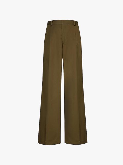 Pleated wide-leg mid-rise cotton trousers