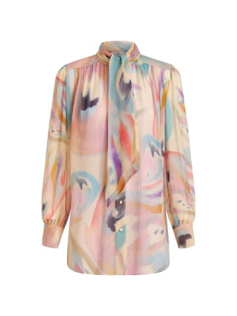 painterly-print pussy-bow blouse