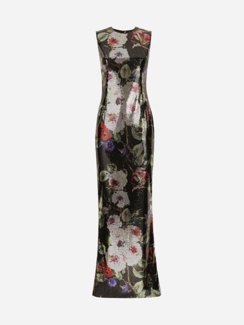 Long sequined dress with rose garden print