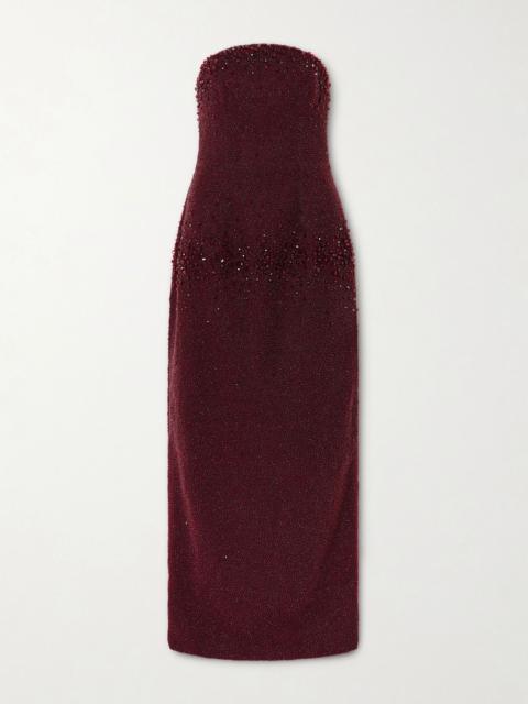 CLIO PEPPIATT Tina strapless embellished crepe gown Burgundy