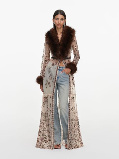 self-portrait Beige Sequin Embellished Fur Maxi Dress
