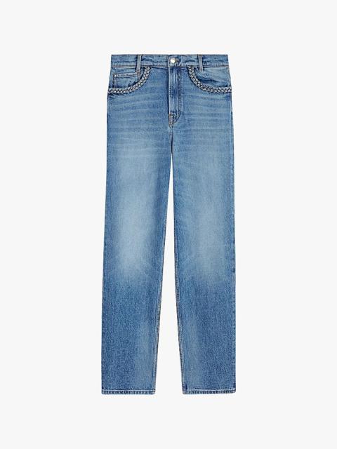 Braided-pocket straight-leg high-rise stretch-denim jeans