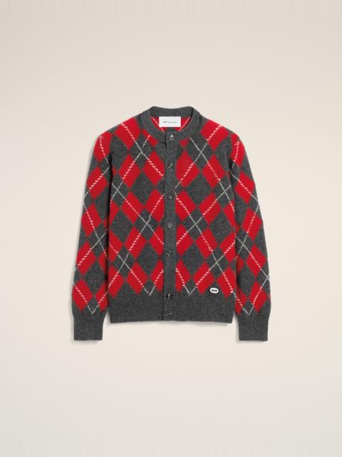 AMI Paris GREY WOOL CARDIGAN IN RED ARGYLE