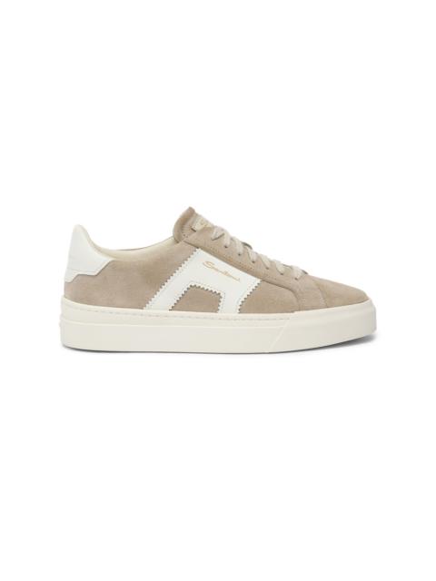 Women’s beige and white suede and leather double buckle sneaker