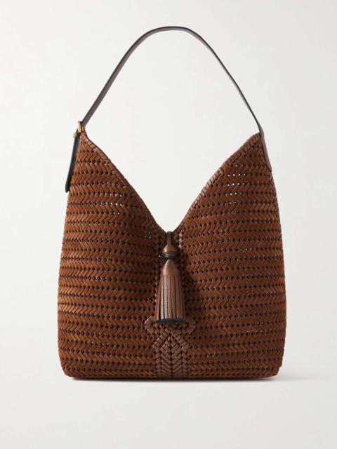 Neeson Tassel leather-trimmed woven suede tote