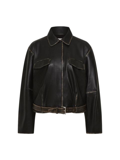 ST. AGNI Belted Brushed-Leather Jacket black