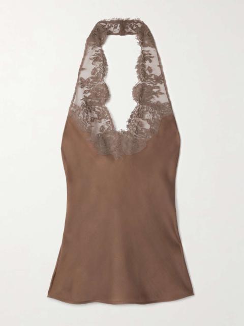 Lace-trimmed silk halterneck tank