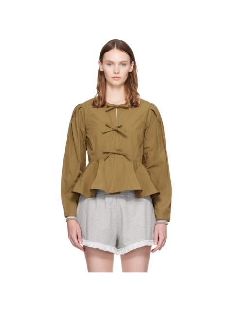 GANNI Khaki Compact Poplin Long Sleeve Peplum Blouse
