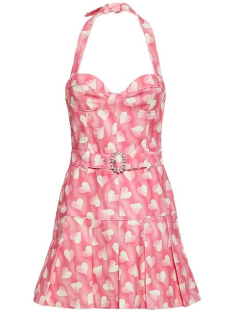 Heart printed drill belted mini dress