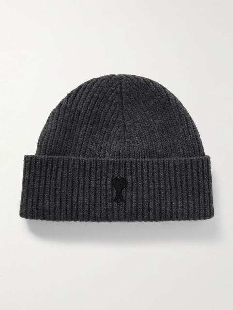 AMI Paris Logo-Appliquéd Ribbed Virgin Wool Beanie Gray