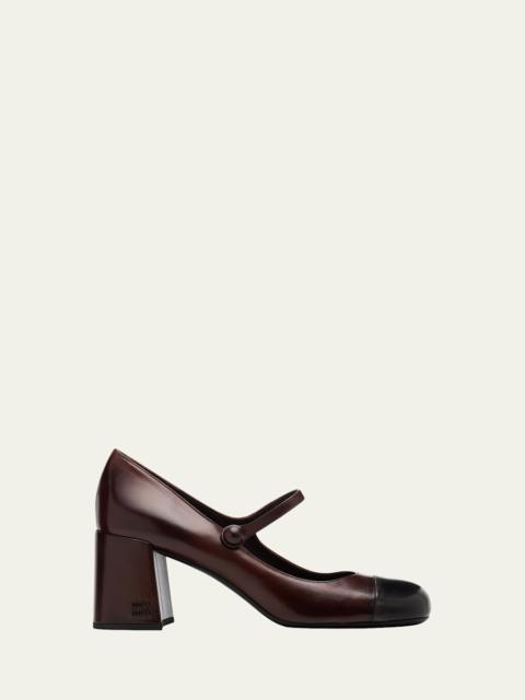 Miu Miu 65mm Leather Cap-Toe Mary Jane Pumps
