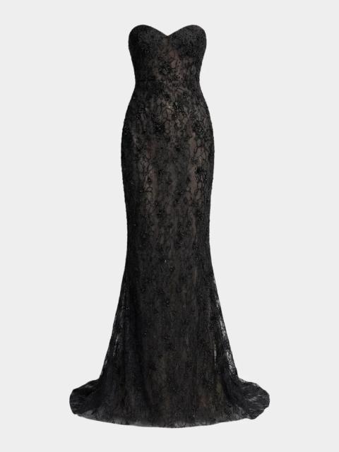 MAC DUGGAL Embellished Floral Lace Strapless Gown