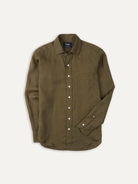 Khaki Green Linen Spread Collar Shirt