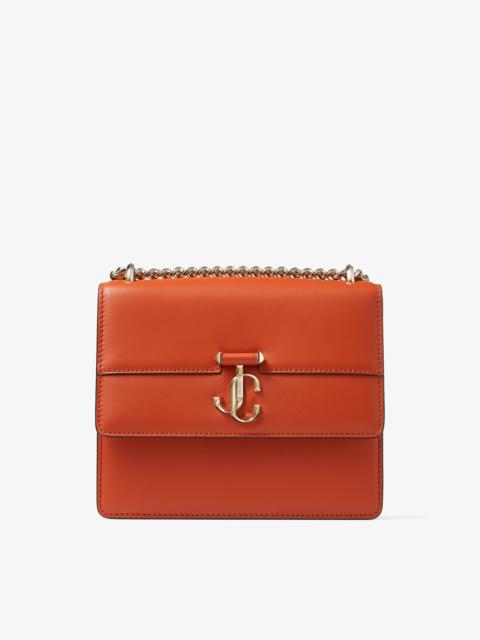 JIMMY CHOO Varenne Quad
Dark Amber Orange Fine Shiny Calf Leather Shoulder Bag with Light Gold JC Bar