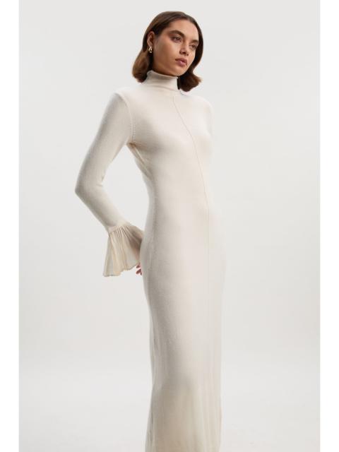 KAREN MILLEN Wool And Alpaca Blend Knit Pleated Silk Woven Cuffs Midi Dress