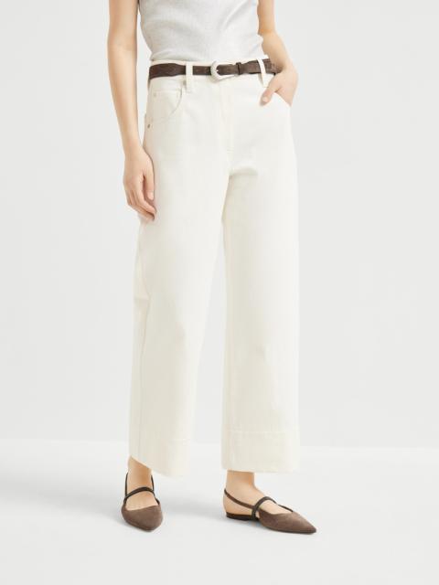 Brunello Cucinelli Dyed cotton and wool wrinkled denim square chino trousers with monili