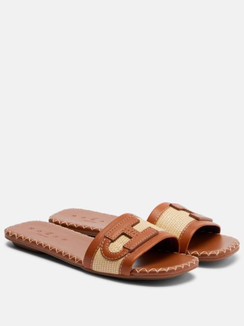 HOGAN Leather-trimmed raffia slides