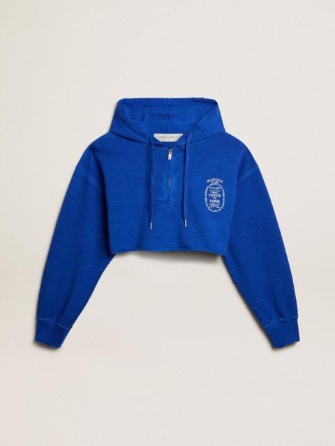 Blue cropped sweatshirt with zip fastening and hood