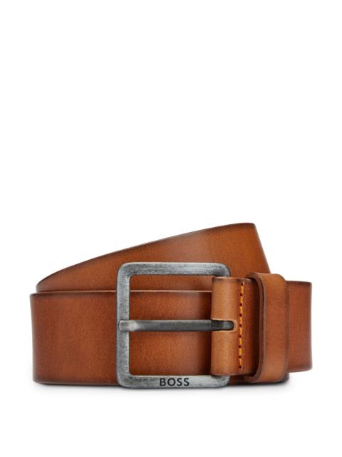 BOSS LEATHER BELT WITH LOGO AND DARK RUTHENIUM HARDWARE