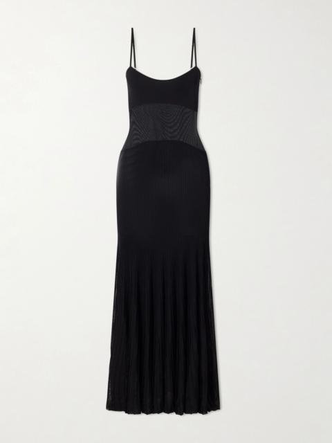 GALVAN Belladonna mesh-trimmed ribbed-knit gown Black