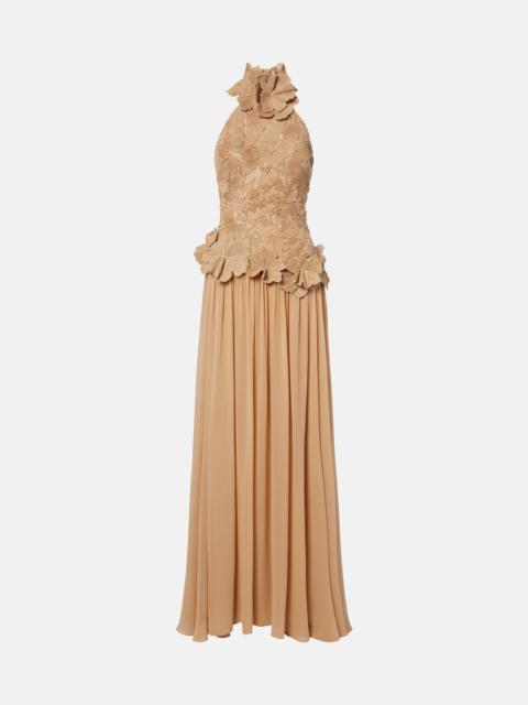 ELIE SAAB Raffia-trimmed silk-blend tulle gown