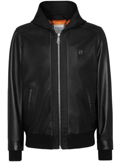 PHILIPP PLEIN leather and satin hooded bomber jacket