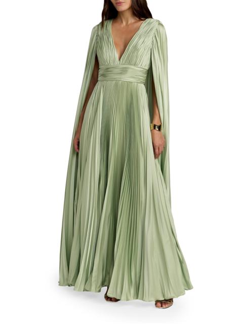 MAC DUGGAL Women's Metallic Pleated Charmeuse Cape Gown - Sage