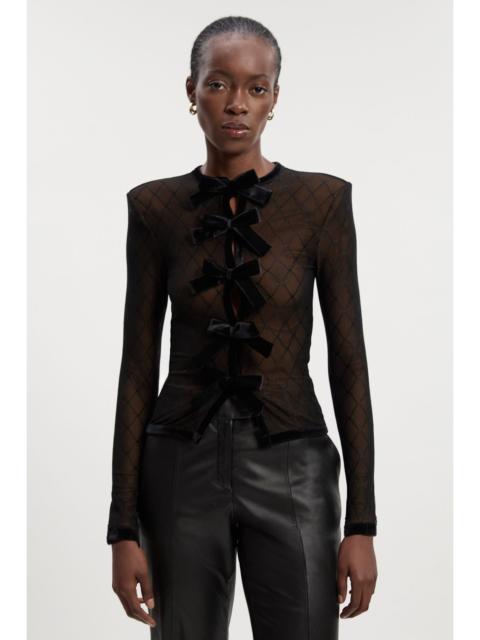 KAREN MILLEN Mesh With Velvet Bow Trim Detail Crew Neck Long Sleeve Top