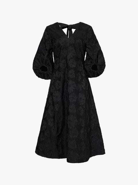 STINE GOYA Embossed-floral-pattern three-quarter-sleeves recycled-polyester blend midi dress
