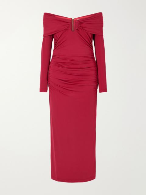 CAROLINA HERRERA Draped off-shoulder jersey-stretch midi dress Red
