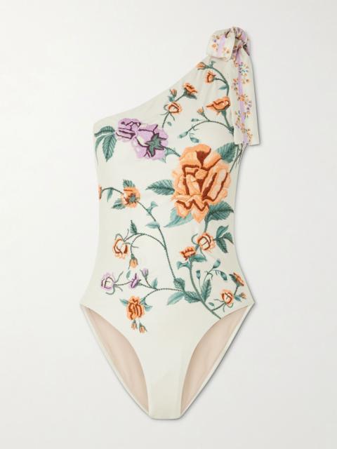 Agua by Agua Bendita Remedios Chinesis one-shoulder embellished embroidered recycled swimsuit White