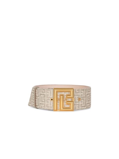 Balmain Wide PB Belt in monogrammed raffia