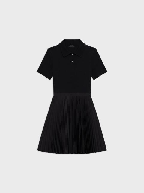 Theory Pleated Combo Polo Dress in Stretch Wool-Blend