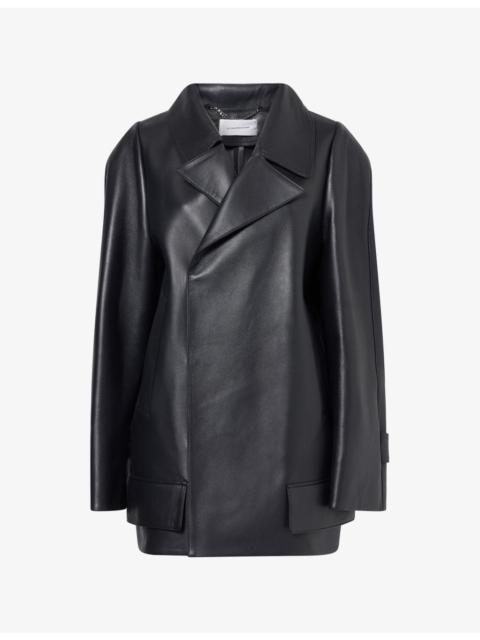 Victoria Beckham Notched-Collar Leather Pea Coat