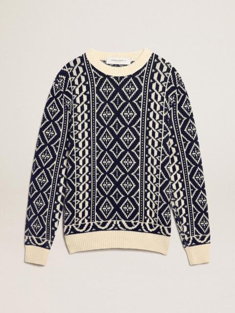 Golden Goose Round-neck sweater with parchment and blue geometric pattern