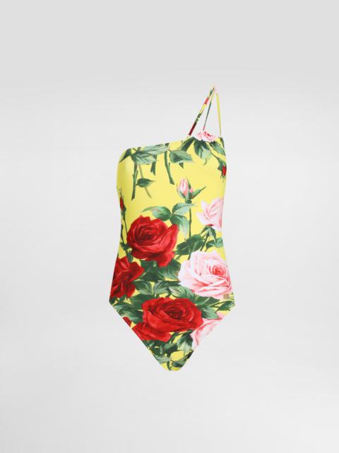 Dolce & Gabbana One-shoulder one-piece swimsuit with floral bouquet print