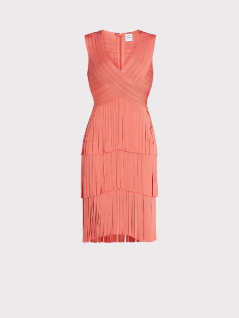HERVE LEGER V NECK FRINGED MIDI DRESS