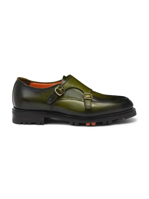 Santoni Men's green leather double-buckle shoe
