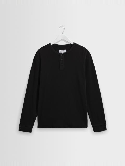 Wax London Caleb - Washed Black Waffle Cotton Henley Long-Sleeve T-Shirt
