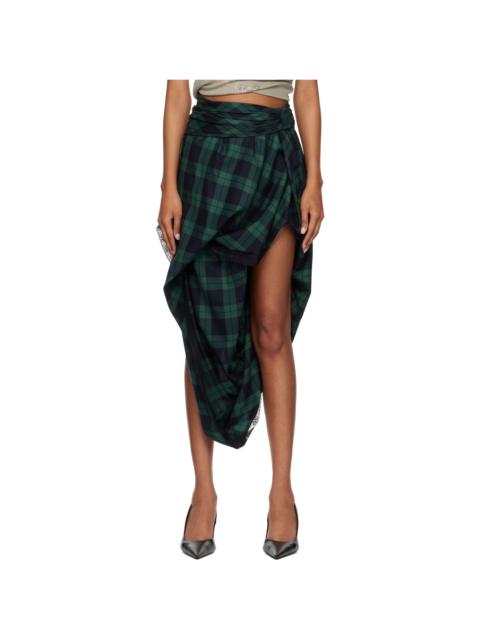 Diesel Green & Navy Lace Trim Draped Tartan Midi Skirt