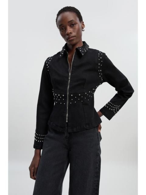 KAREN MILLEN Denim Placed Stud Zip Through Collared Jacket