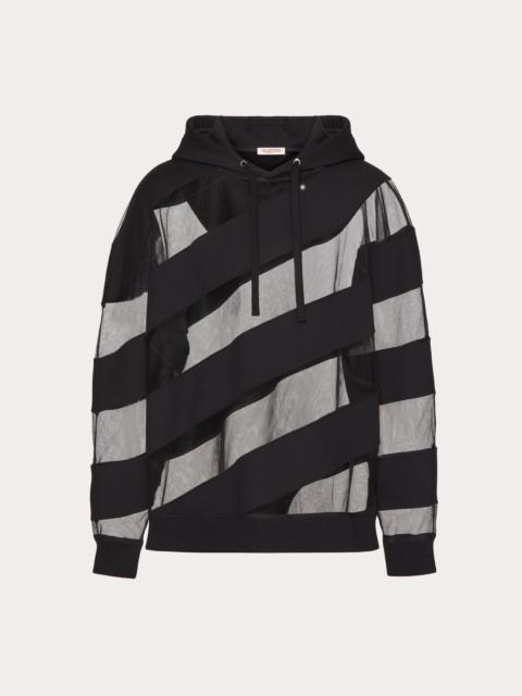 Valentino COTTON HOODED SWEATSHIRT WITH LARGE STRHYPE NYLON TULLE INSERTS