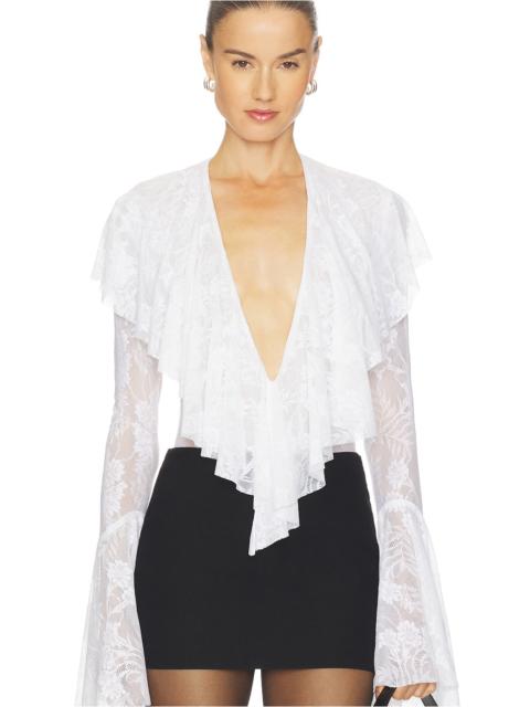 NORMA KAMALI Long Sleeve Deep V Ruffle Bodysuit