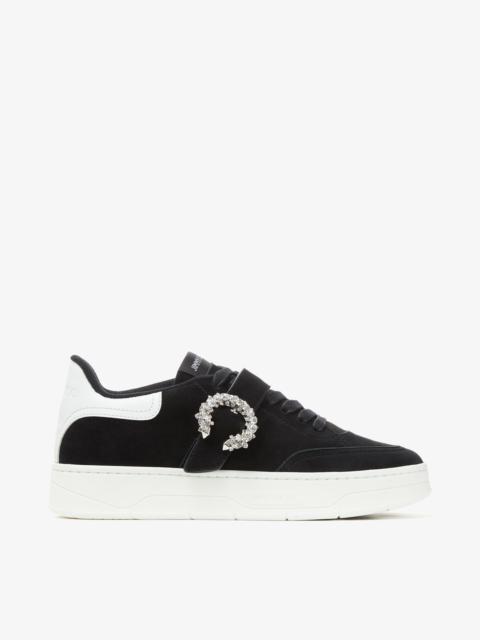 JIMMY CHOO Osaka Lace Up
Black Suede and White Calf Leather Low Top Trainers with Crystal Buckle