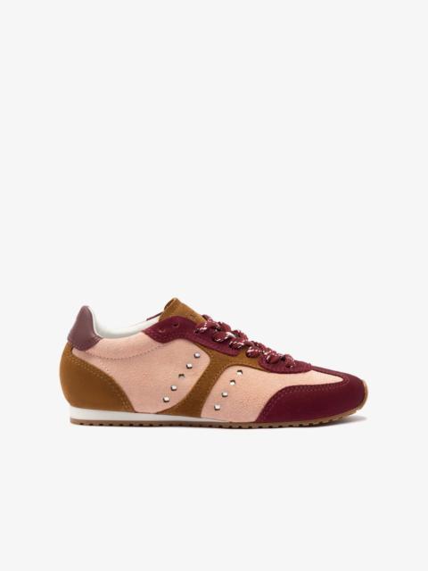 Larroudé Stella Sneaker In Tulip, Russet and Wine Suede and Silver Metallic Leather
